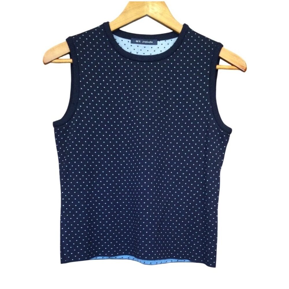 St John Womens Sleeveless Knit Sweater Top Size S Navy Polka Dot Made In USA